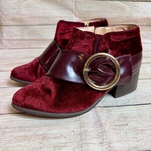 Mackin J Faux Fur / Velvet Buckle Ankle Booties. Burgundy. Size 6